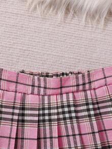 Elladie kids 2pcs/Set Young Girls Sweet Style White Ruffle Collar Long Sleeve T-Shirt And Pink Plaid Pleated Skirt, Casual Outfit For Daily Wear, Spring/Autumn - Pink - View 5