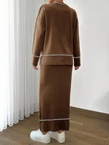 EURMUSE Women Solid Color Round Neck Drop Shoulder Stripe Pattern Pullover & Sweater Skirt Set - Brown - View 3