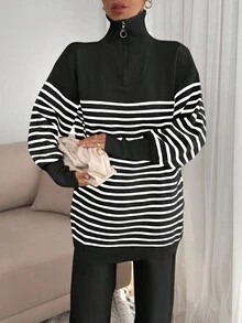 EURMUSE Women Stripe Pattern Zip Detailed Neck Drop Shoulder Pullover & Sweater Pants Set - Black - View 3