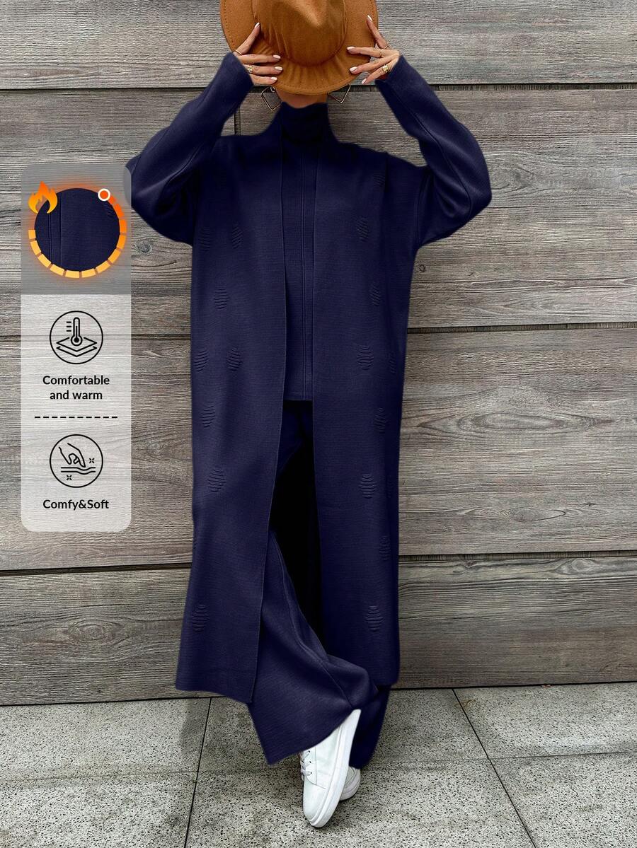 EURMUSE 3pcs Women Solid Color Stand Collar Knit Vest, Cardigan And Pants Set - Navy Blue - View 1