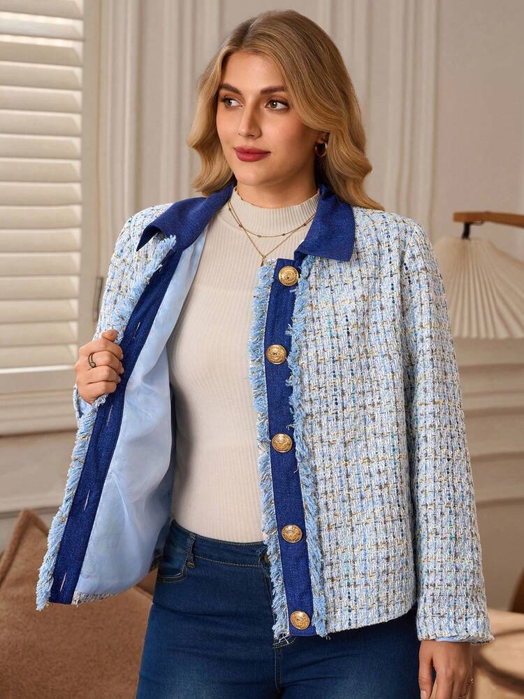 Plus Size Women's Fashionable Casual Frayed Button Long Sleeve Jacket/Winter Winter Clothes For Women Cozy Fall And Winter Clothes For Women