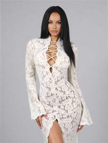 Zolique Autumn New Elegant Women's Deep V-Strap Trumpet Long Sleeved Hairy Thick Lace Dress With Open Collar Suitable For Parties, Weddings, Dates, And Outings Fall Cloth For Women