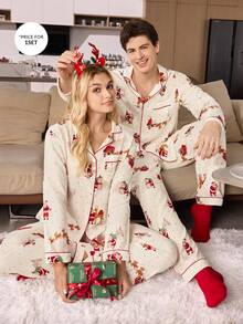CoupledUp 圣诞睡衣套装，雪花、驯鹿和圣诞老人印花，米色长袖上衣和裤子，男士睡衣套装，冬季服装 - 杏色 - 查看 1