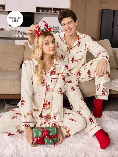CoupledUp Christmas Pajamas Snowflake, Reindeer & Santa Claus Print Beige Long Sleeve Top & Pants Men's Pajama Set, Winter Clothes Matching Couple Pajama Set Christmas Pajamas Couple