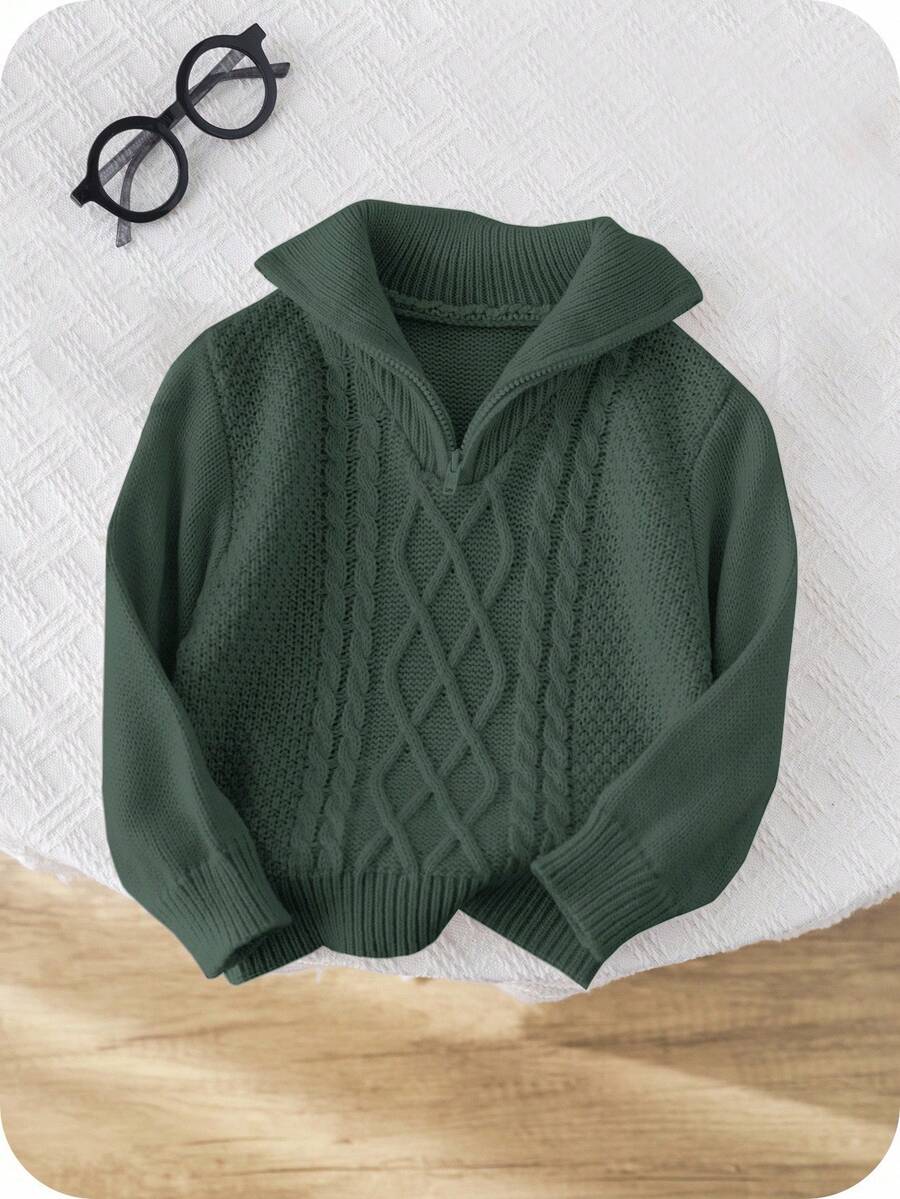 SHEIN 嬰兒男/女童深綠色秋季文雅返校學院風復古紋理嵌花純色針織半高領拉鍊長袖套頭冬季上衣 - 墨綠色 - 查看 1