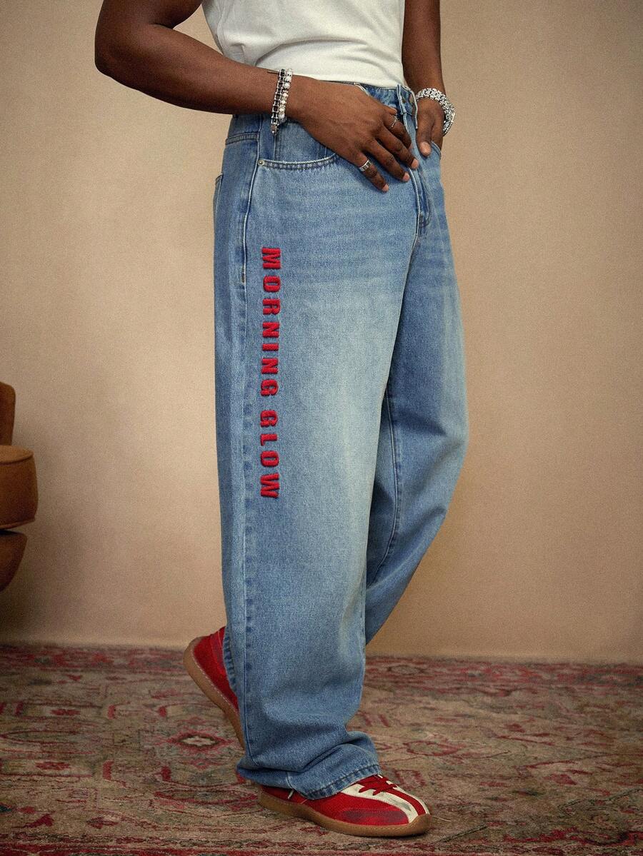PAVTROS 秋季街头休闲水洗蓝色阔腿字母刺绣水洗牛仔裤宽松牛仔裤男士S码刺绣牛仔裤，圣诞节 - 藍色 - 查看 1