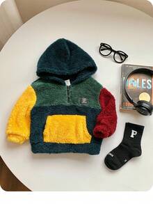 男婴/女婴彩色休闲宽松柔软羊毛拼布连帽衫，舒适宽松拉链设计，室内外均可穿着，秋冬