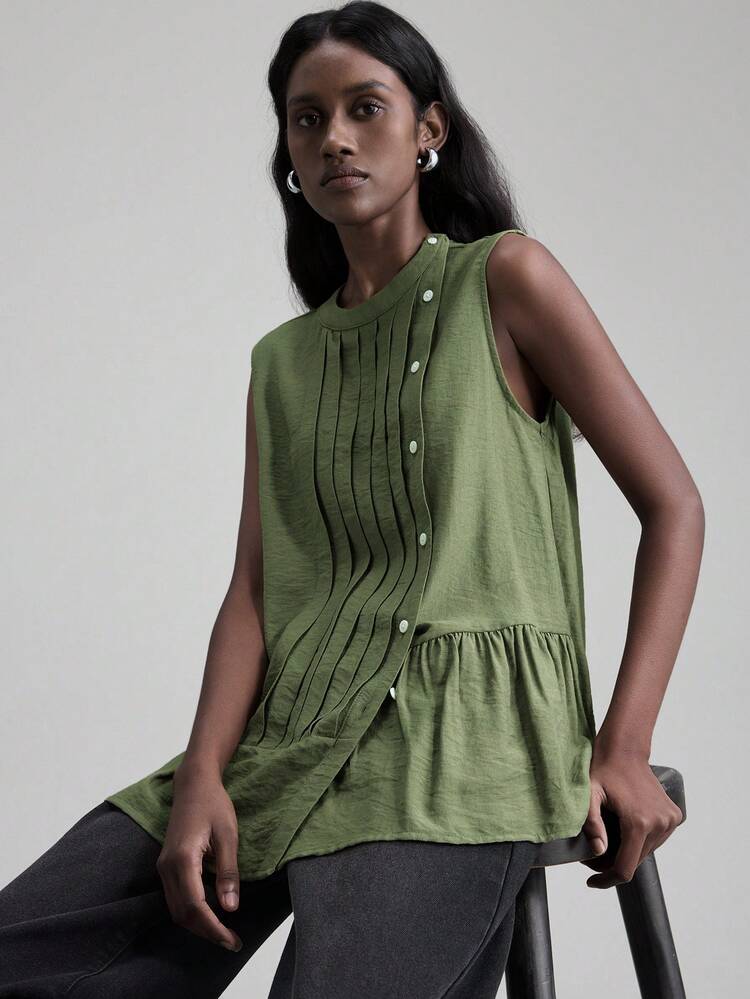Women's Asymmetric Design Round Neck Sleeveless Pleated Hem Linen Blouse,Elegant Summer Office Wear,Olive Green Basic Top Suitable For Wedding Guest