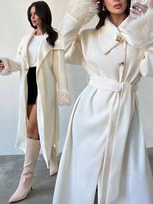 Firerie 女士优雅简约基本款休闲时尚办公室通勤卡其色长款宽松夹克，带毛领和袖口，秋冬，优雅，商务休闲，驼色，长袖 - 杏色 - 查看 3