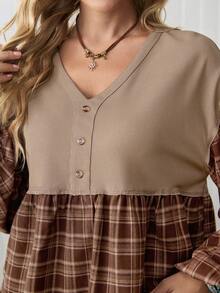 SHEIN LilyWest V-Neck Plaid Patchwork Long Sleeve Women Blouse - Brown - View 7