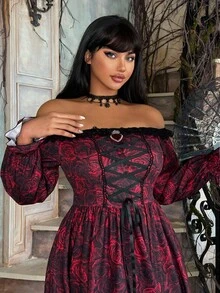 Lyrianda Plus Size Women's Autumn/Winter Off Shoulder Long Sleeve Ruffle Trim Bow Tie Waist A-Line Rose Print Elegant Vintage Cute Palace Style Romantic Maxi Dress