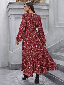 SHEIN LUNE V 领荷叶边喇叭袖层叠下摆 A 字形复古碎花休闲通勤优雅长裙，适合女士，秋冬 - 紅色 - 查看 2