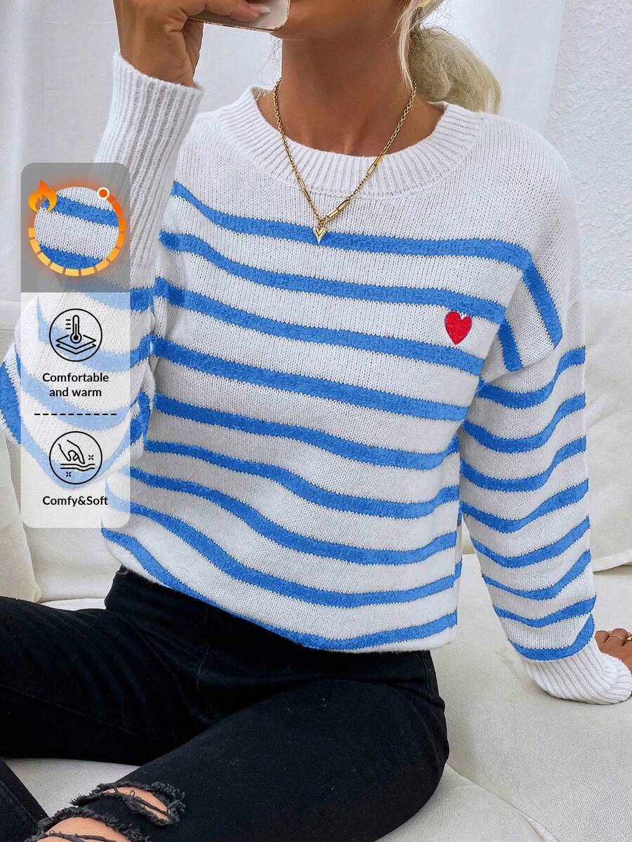 SHEIN Cottnline Jersey de rayas & con patrón de corazón de hombros caídos - Multicolor - Ver 1