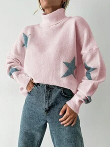 SHEIN Cottnline Women's High Neck Sweater With Pentagram Pattern - Baby Pink - View 4