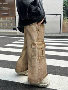 SHEIN Little Byeori 男童做旧街头酷炫卡其色牛仔抽绳腰宽松工装牛仔裤，休闲百搭，适合秋冬日常穿着和街头潮流，也适合万圣节、圣诞节、新年、感恩节等场合。 - 卡其色 - 查看 3