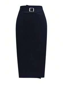Elenzga Plus Size Women's Elegant Buckle Waist Pencil Skirt, Bodycon