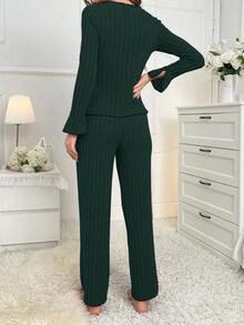 Women's Ribbed Knit Contrast Binding Trim Bow Decor Long Sleeve Top And Pants Pajama Set, Spring/Autumn Fall Winter Clothes - Green - View 2