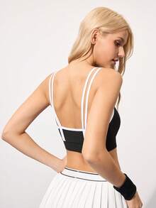 Gameset SHEIN Sport Women's Contrast Trim Comfortable Sports Bra Black And White Sports Bra Bustier Crop Sports Tee Gym Sporty Top - Black and White - View 2