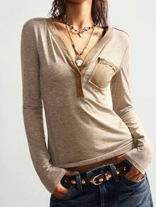 Bohemela 休闲纯色V领长袖修身女式T恤