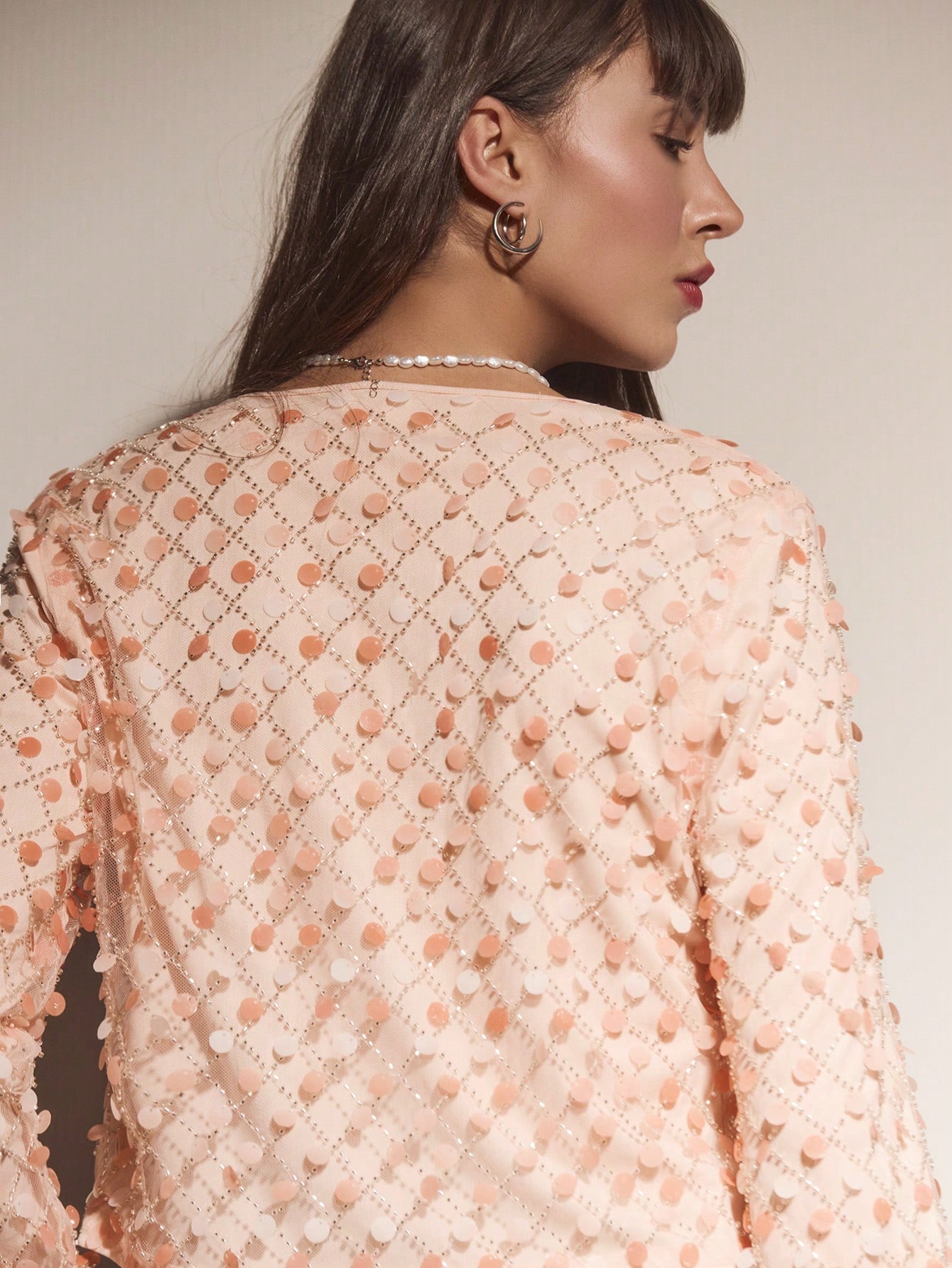 Pink Mesh Cropped Top With Sequin Embellishment, Tie Front And Long Flare Sleeves Chic Party Evening Autumn Winter