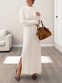 EURMUSE Damska sukienka sweterkowa maxi z pomponami i dzianiny kablowej - Morela - Zobacz 4