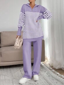 EURMUSE 女士条纹图案拉链细节领口落肩套头衫和毛衣裤套装 - 紫丁香色 - 查看 6