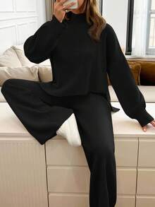 EURMUSE Women Casual Daily Solid Color Drop Shoulder Sweater And Pants Set, Autumn/Winter - Black - View 5