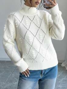 EURMUSE Casual Mock Turtle Neck Hollow Out Detailed Texture Knit Sweater,Jumper,Jumpers For Women,Cream Jumper,Jumpers,Christmas Jumper,White Jumper,Black Jumper,Ladies Jumper,Tall In Women,Women's Jumpers - White - View 1