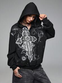 ROMWE Grunge Punk Grunge Style Cross Pattern Print Loose Fit Sweatshirt For Women - Black - View 2