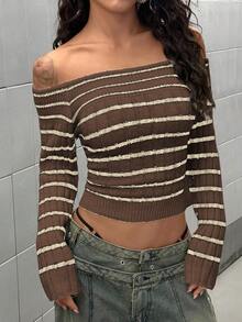 StreetHx Pakaian Streetwear Wanita Musim Gugur/Dingin Sweater Lengan Panjang Bergaris Off Shoulder dengan Blok Warna dan Potongan Pas Badan - Coffee Brown - View 5