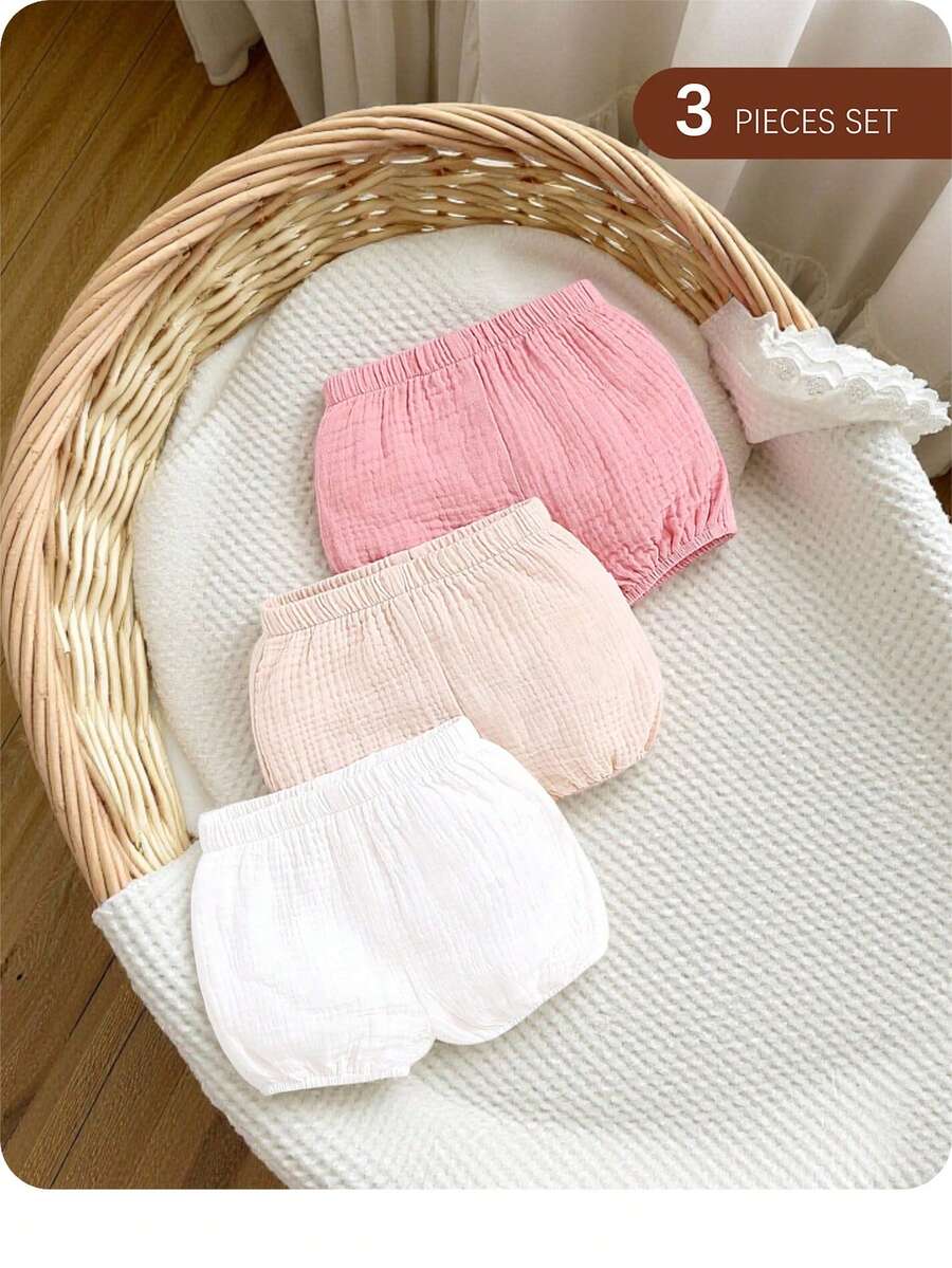 SHEIN 3件套新生儿女婴休闲纯色松紧腰短裤套装 - 彩色 - 查看 1