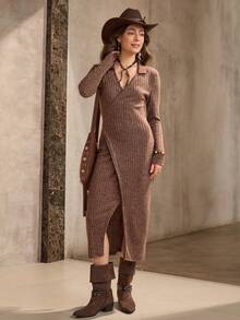 Wildy 美式休闲紧身连衣裙，街头时尚棕色高开叉S型腰机场装，秋冬新品 - 棕色 - 查看 6