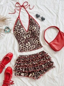 Soleia Bộ 2 món áo hai dây họa tiết da báo gợi cảm và quần short dành cho nữ, mùa hè - Nhiều màu - Xem 6