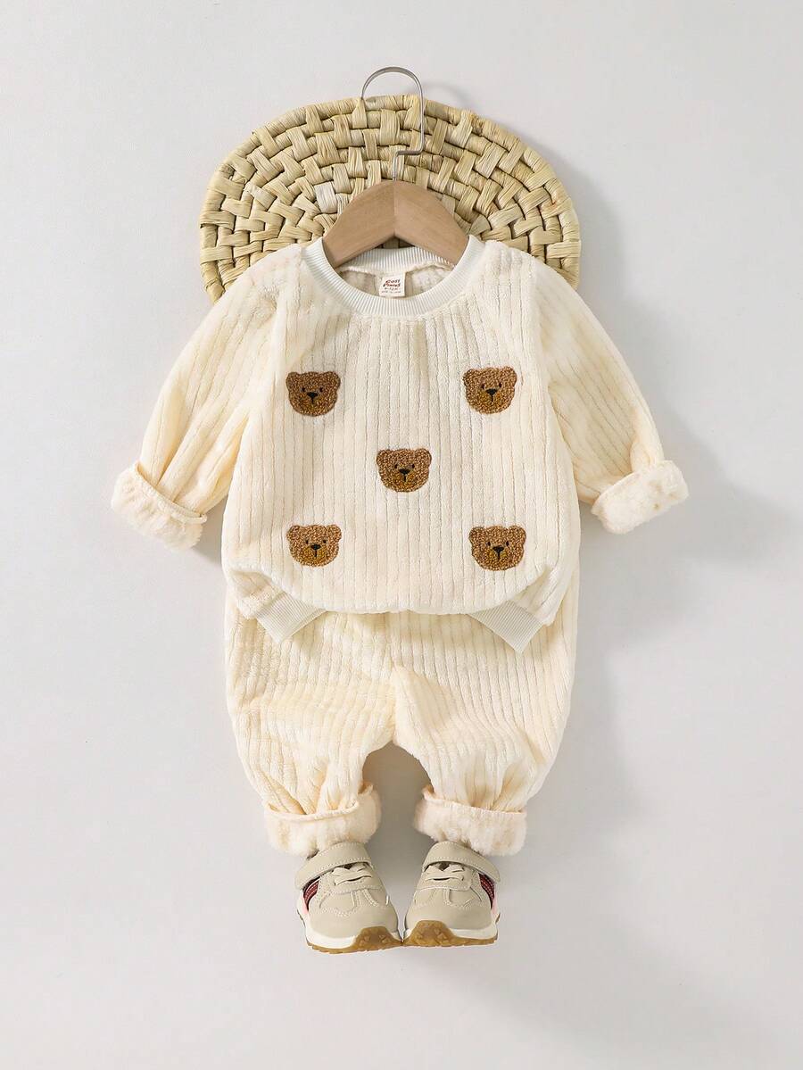 Cozy Pixies 2 件套男婴卡通熊图案针织柔软圆领长袖套头衫和松紧腰裤套装 - 杏色 - 查看 1