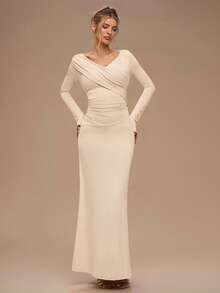 SHEIN BAE Aprikosfärgad V-ringad, rynkad, omlottklänning med A-linjemönster, Elegant klänning, Dejtklänning, Brudtärneklänning, Födelsedagsfestklänning, Höst-/vinterklänning med lager på lager - Aprikos - Visa 5