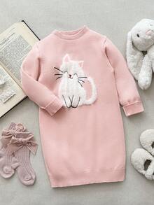 Blossori  Young Girls' French Elegant Animal Print Round Neck Knit Dress,Cozy Fall & Winter Styles - Pink - View 6