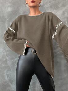 EURMUSE Women's Loose Fit Color Block Round Neck Sweater - Brown - View 4