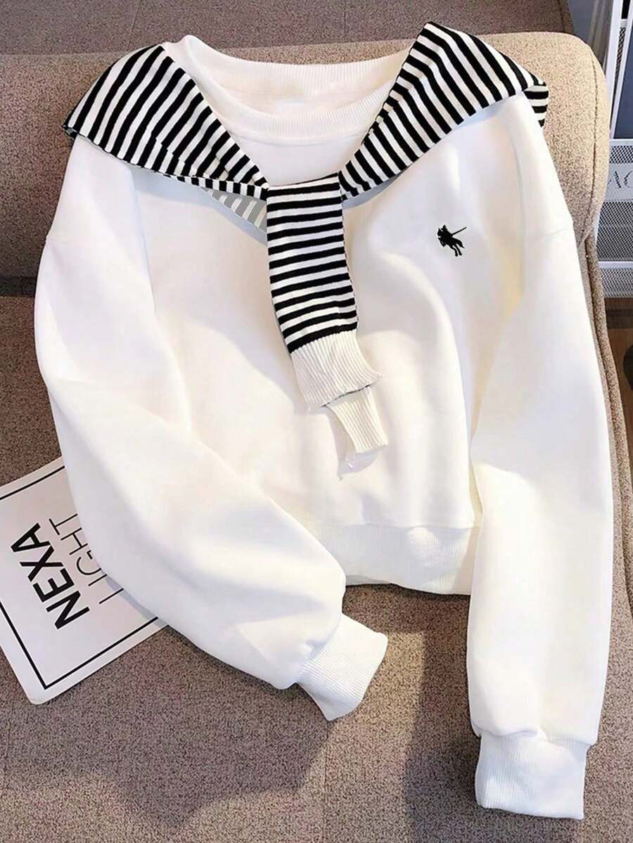 SHEIN Tween 女童时尚休闲保暖内衬圆领长袖运动衫 - 白色 - 查看 1