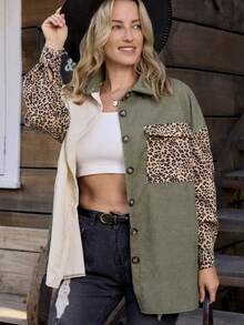 SHEIN LUNE Plus Size Women Leopard Print Color Block Jacket - Green - View 1