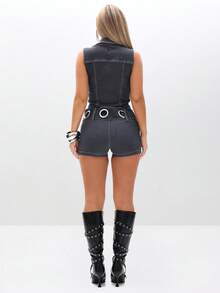 BABYPHAT Fitted Denim Romper With Zip Front Closure And Belt Detail For Summer Festival Wear - Blue - View 2