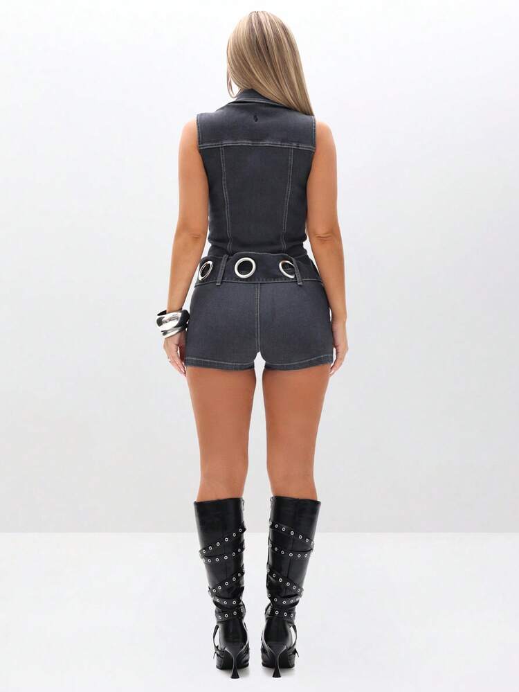 BABYPHAT Dopasowany kombinezon dżinsowy z zapięciem na suwak z przodu i paskiem, idealny na letnie festiwale