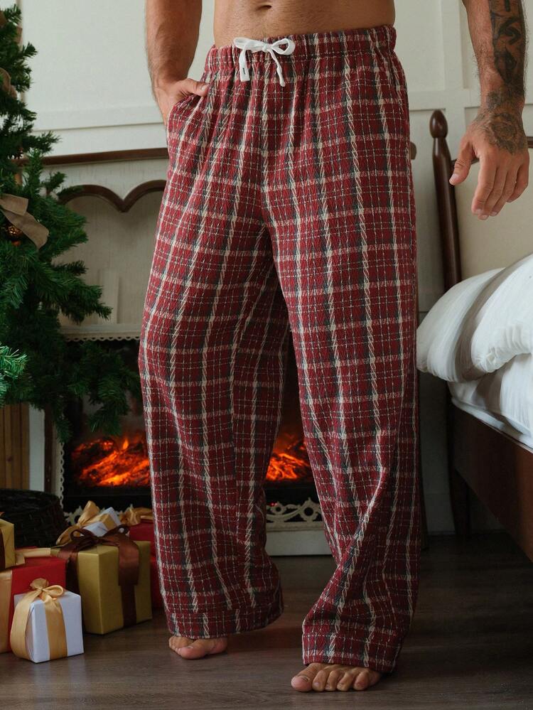 Men's Plaid Fabric Drawstring Waist Wide Leg Pajama Bottoms, Autumn,New Year,Christmas, Winter