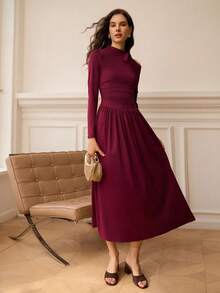 Omancia Women's Ruffle Collar Long Sleeve Off-Shoulder Pleated Fitted Fashionable Dress - Coffee - View 8