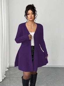 Elenzga Cardigan Wanita Ukuran Besar Elegan Warna Polos Kerah V Kancing Depan, Musim Gugur/Dingin - Purple - View 4