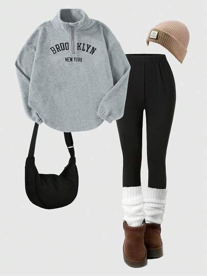 SHEIN ChillGRL 2 件套女孩秋季服装，韩版抓绒面料半高领拉链运动衫，绣花文字，弧形下摆，搭配修身休闲裤，适合运动、通勤、家居穿着