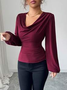 Selianne Women's Elegant Burgundy Ruched Collar Design Puff Sleeve Long Sleeve Ruched Patchwork Fitted T-Shirt, Spring/Autumn - Burgundy - View 3