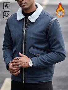 Manfinity CasualCool Men's Solid Color Casual Long Sleeve Thermal Lined Collar Fleece-Lined Jacket Men Blue Aviator Jacket Men Bomber Jacket Men Outerwear Blue Jacket