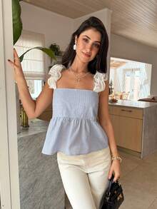 Serisse 2025秋冬优雅荷叶边条纹吊带背心，女士荷叶边拼接露背系带时尚上衣，蓝白条纹露背蝴蝶结上衣，女士办公上衣，适合工作和通勤，春秋季，优雅衬衫，端庄衬衫，商务休闲 - 藍白色 - 查看 3