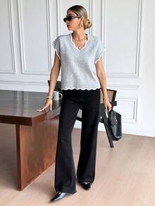 Serisse Women's Contrast Trim Shell Edge Knit Sweater, Winter Clothes For Women,Fall/Winter ,New Year Clothes For Women , Elegant