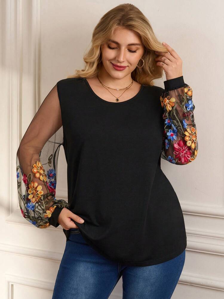 Plus Size Women Elegant Floral Embroidery Mesh Patchwork Blouse, Autumn Winter Clothes For Women Cozy Fall And Winter Clothes For Women Casual Blouses For Ladies